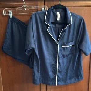 Navy Short-Sleeve Satin Pajama Set with White Piping